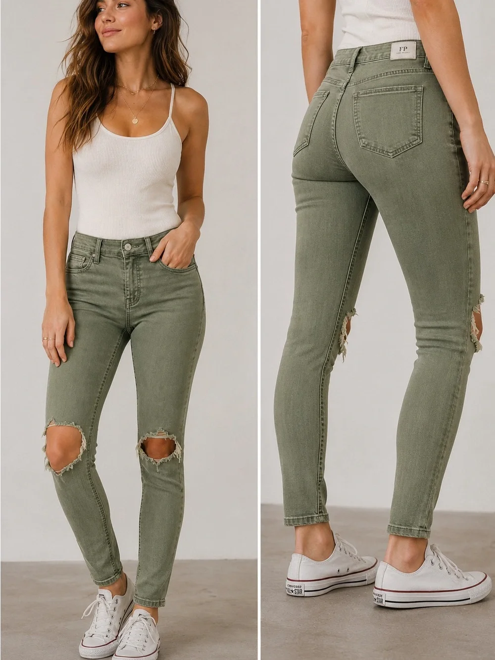 Free People FP Olive Green Distressed Skinny Jeans Women’s Size 28